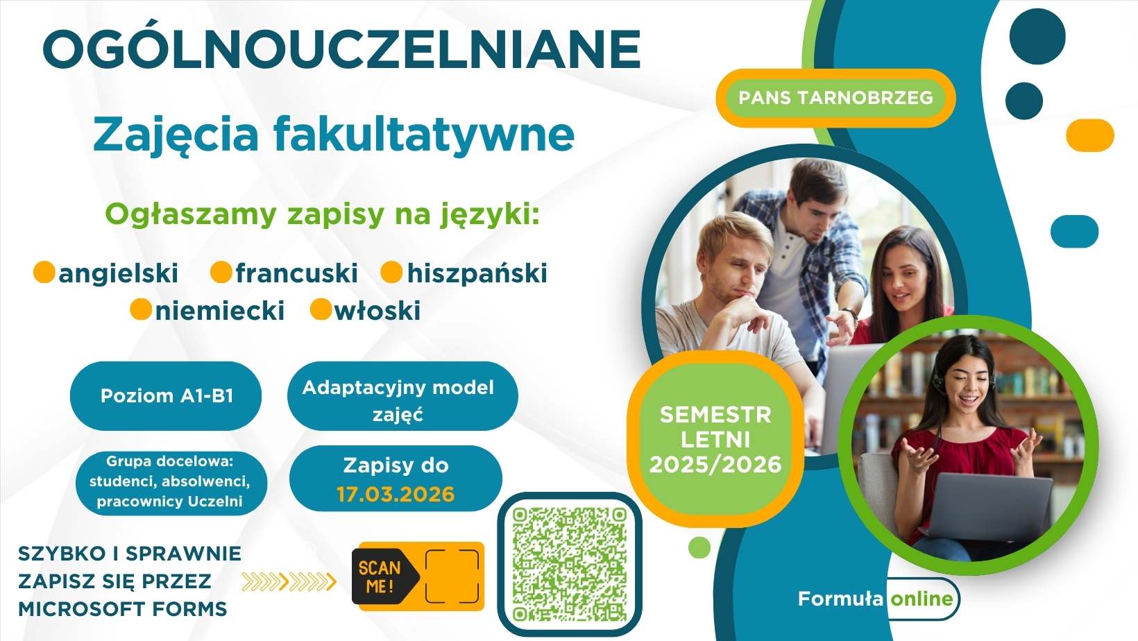 Grafika przedstawia zaproszenie na zajęcia fakultatywne z języków